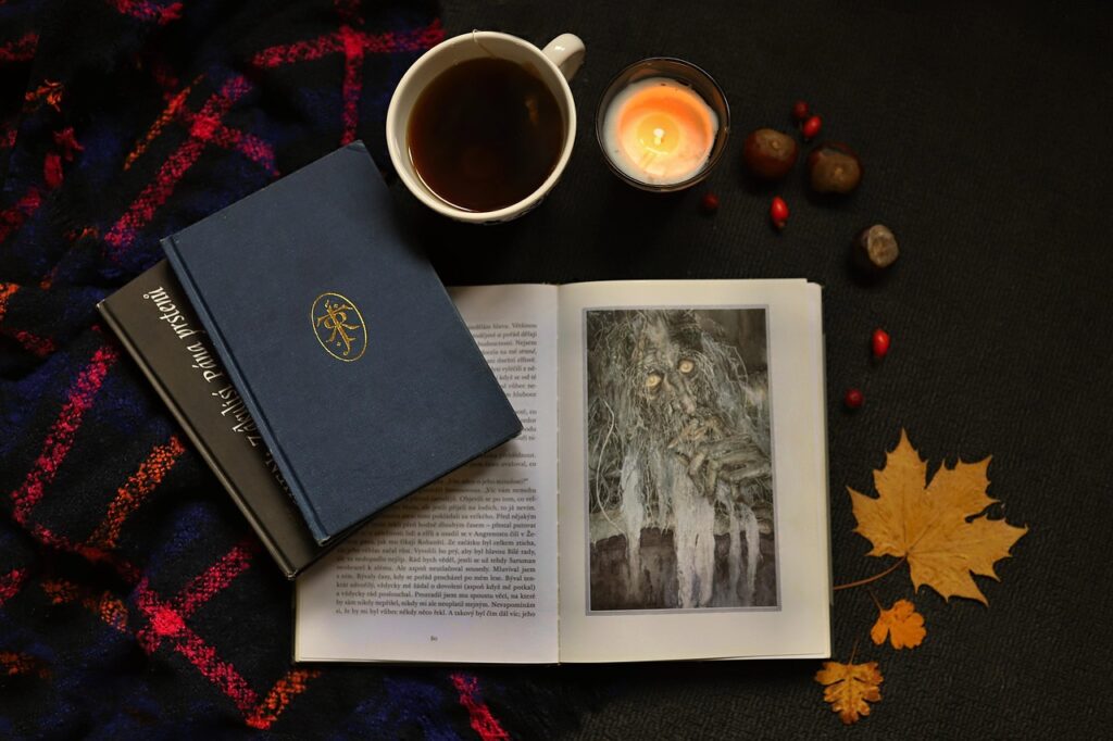 book, books, lord of the rings, nature, j, r, tolkien, reading, sites, literature, read, coffee, tea, paper, autumn, leaves, candle, still life, scarf, tree, stromovous
