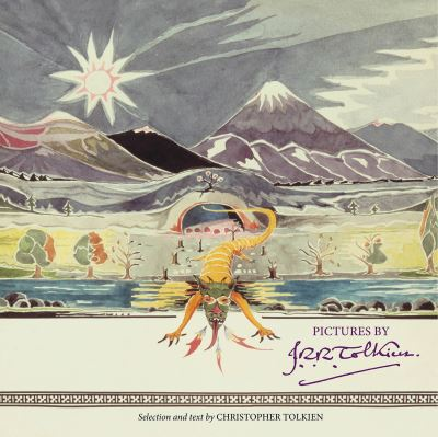 Ilustração da Terra média, com montanhas e um dragão, feita por Tolkien 
